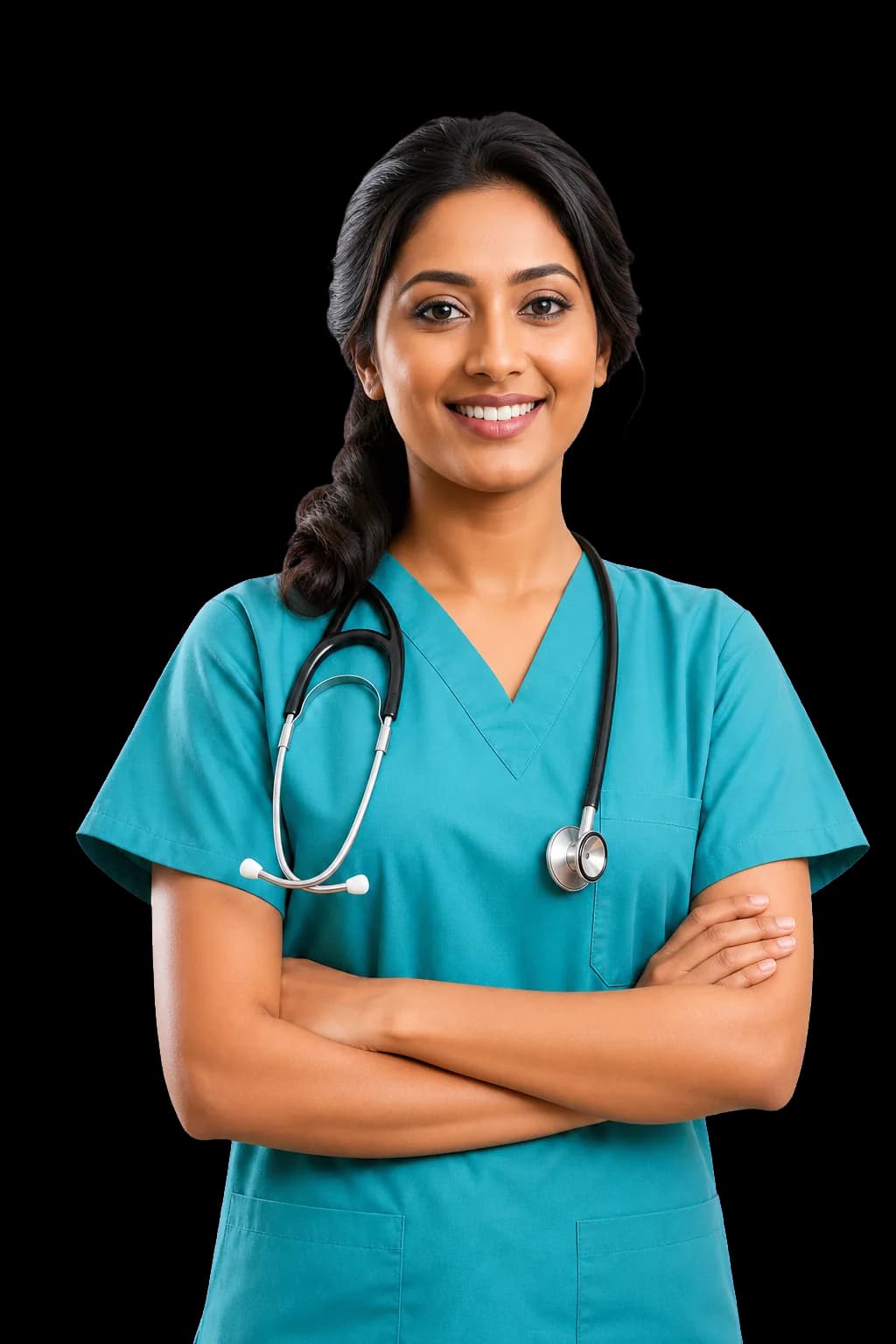 Indian female nurse in turquoise green scrubs